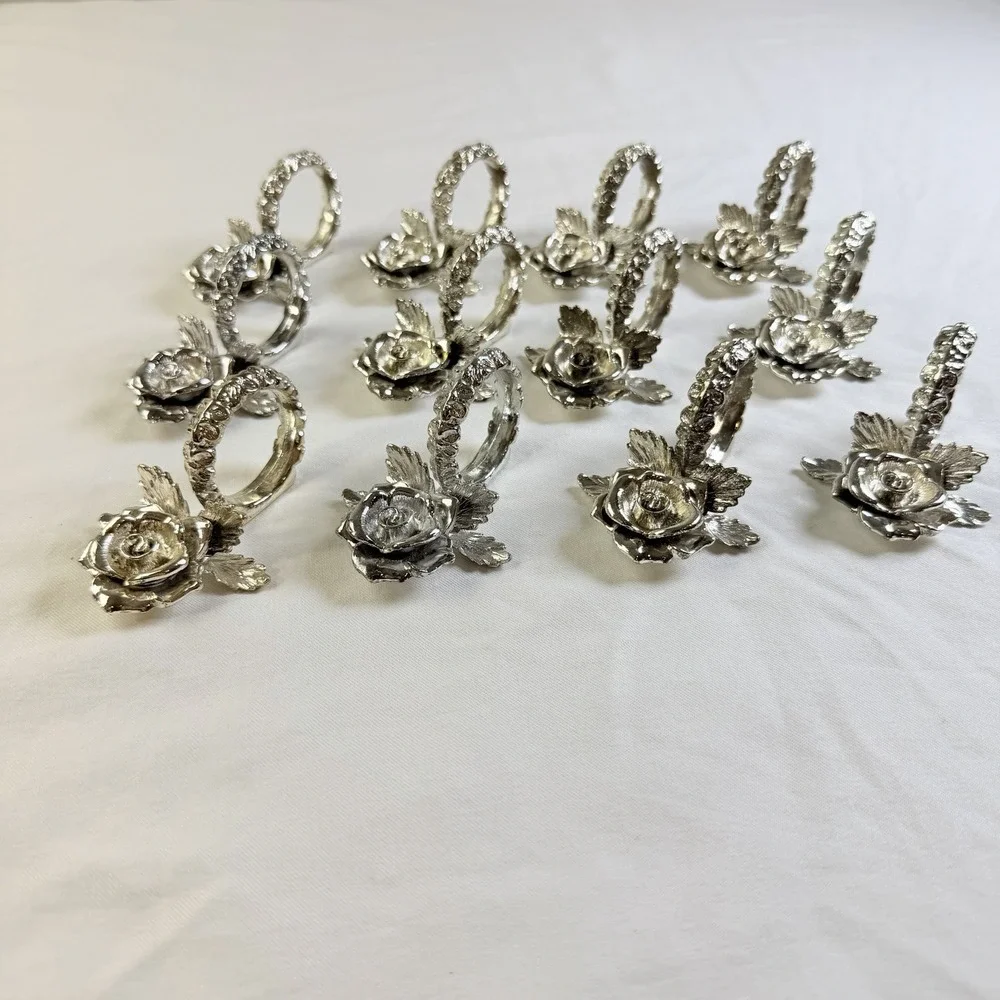 Vintage Silver Tone Rose Metal Holders Napkin Rings Set of 12 Floral Table Decor